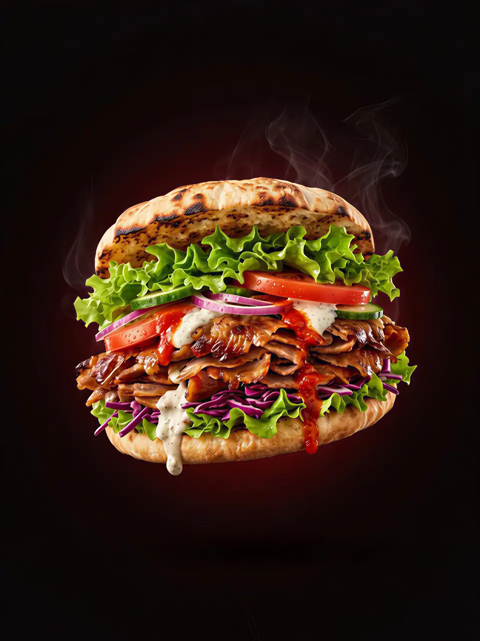 Kebab w grubym cieście: mięso z rożna, warzywa i sosy
