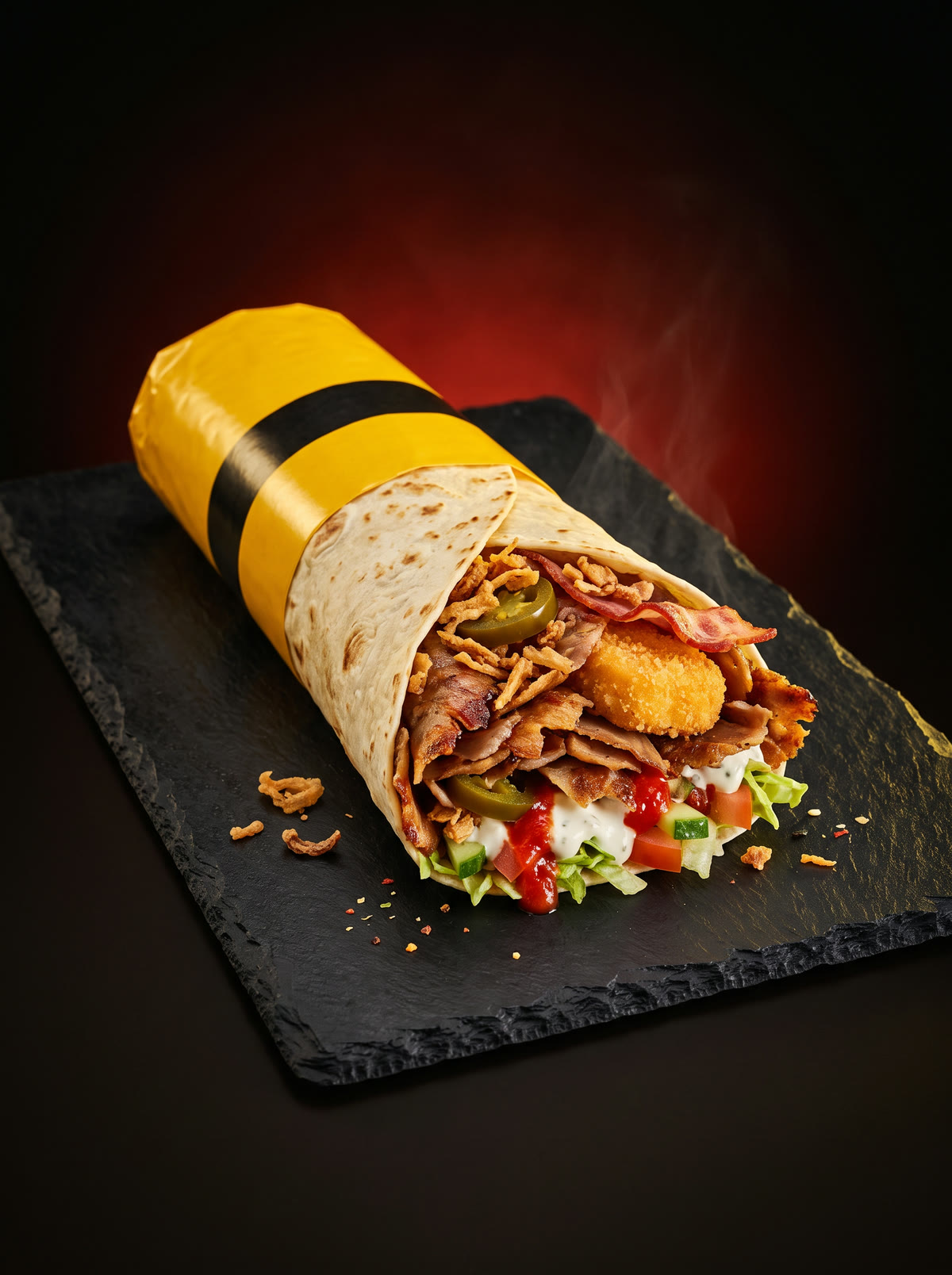 Kebab Kong 250 w lawaszu i żółtym papierze: mięso z rożna, ser panierowany, boczek, jalapeño, cebulka, warzywa i sosy