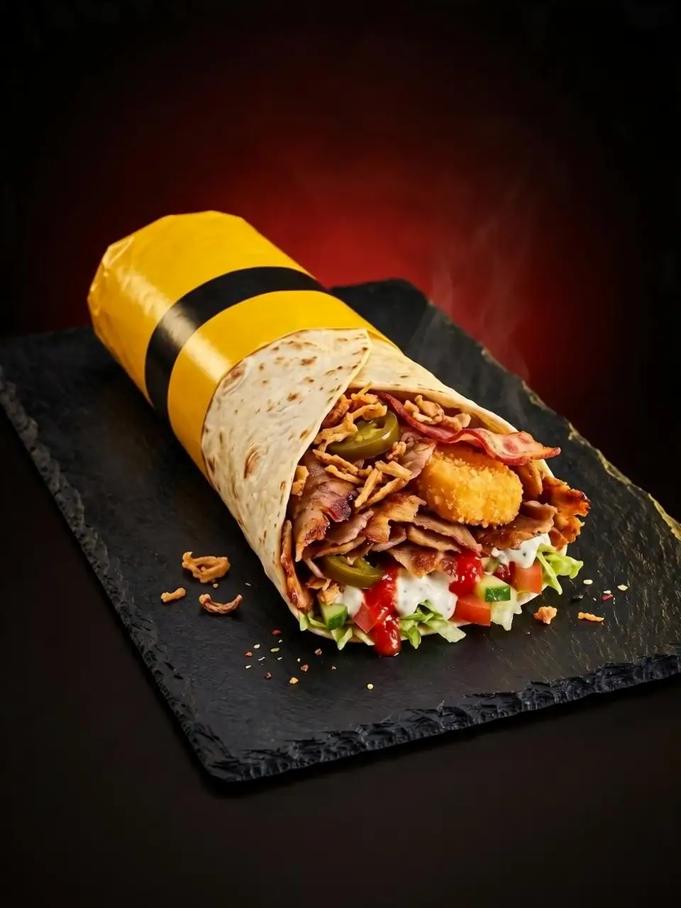 Kebab Kong 250 w lawaszu i żółtym papierze: mięso z rożna, ser panierowany, boczek, jalapeño, cebulka, warzywa i sosy